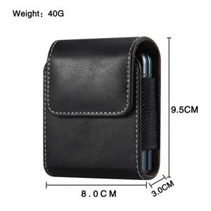 Black leather folding phone case protective pouch with dimensions and weight specification.