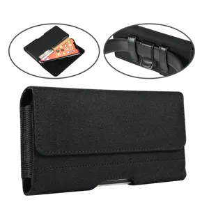 Black nylon phone waist bag with belt clip and loops for large smartphones securely.