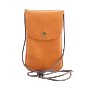 Brown PU leather vertical crossbody phone bag with strap and snap button for daily use.