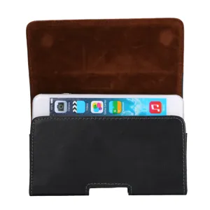 Schwarze Leder Handytasche Gürteltasche mit braunem Samtinnenfutter für große Smartphones.