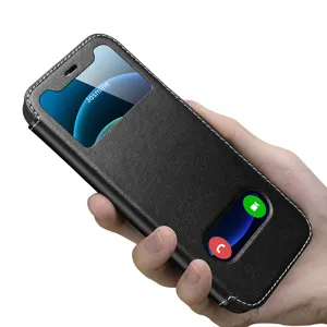 Black leather flip phone case with dual view windows and secure stitching for business.