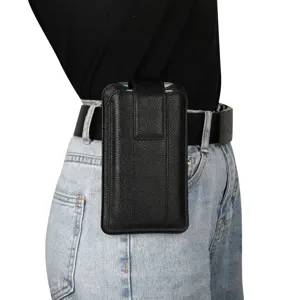 Schwarzes Leder Vertikal Gürtel Handyholster, Doppelschicht Tasche für Geschäft.