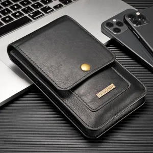 Funda de cuero negro para cinturón de teléfono universal con bolsillo frontal y botón de metal