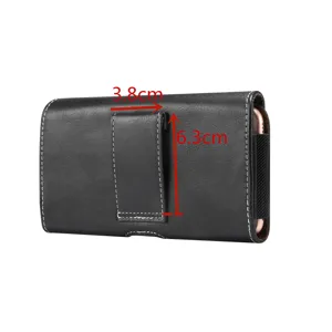 Black leather phone holster with belt clip, horizontal design for 5.5 inch phones.