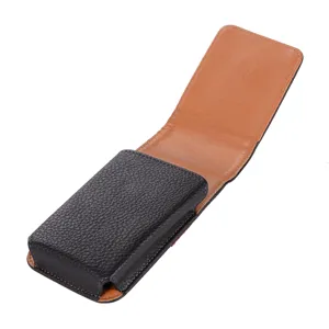 Etui de telephone en cuir noir avec interieur marron, pochette de ceinture a rabat mobile
