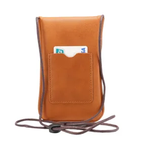 Brown leather vertical crossbody phone bag with card slot and adjustable lanyard.
