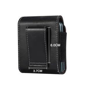 Black leather phone holster belt pouch with clip for foldable smartphone detail view