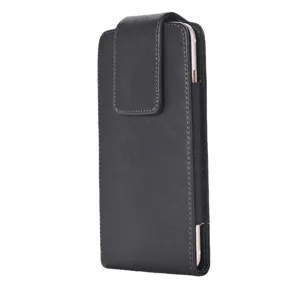 Black PU leather vertical phone holster pouch with secure belt clip for men daily use.