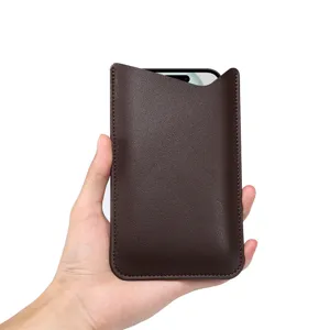 Premium brown PU leather vertical phone pouch sleeve slim pocket carrying case