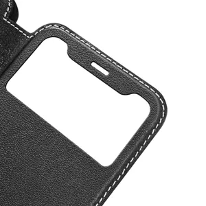 Close-up detail of black leather flip phone case with window view and white stitching.
