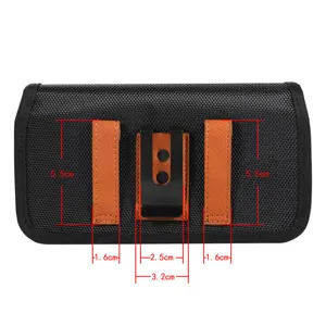 Detailed view of the tactical nylon phone pouch showing belt loop and metal clip dimensions.