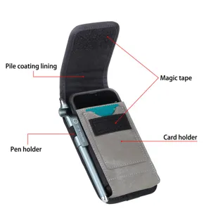 Verticale telefoonriemtas holster met kaarthouder penlus en veilige klittenbandsluiting.