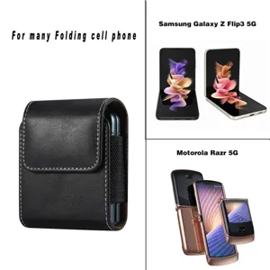 Black leather folding phone case compatible with Samsung Galaxy Z Flip3 and Motorola Razr 5G