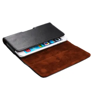 Schwarze Handy-Gürteltasche aus Leder mit weichem braunen Samtinnenfutter für Smartphones.