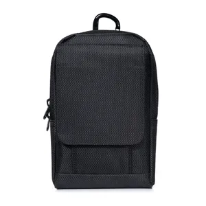 Close up of black nylon phone pouch detail, durable oxford cloth waist bag with hanging hook.