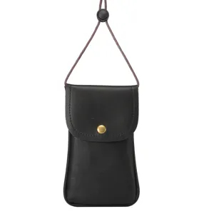 Close-up detail of the black vertical phone pouch strap and metallic button closure.