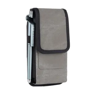 Grijze nylon verticale mobiele telefoon riemholster tasje met styluspen voor dagelijks gebruik.