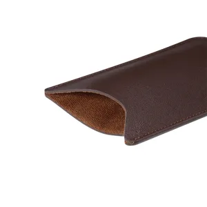 Detailed close-up view of dark brown PU leather slip case pocket pouch for mobile phone storage.