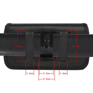 Durable nylon cell phone holster for belt with metal clip and detailed dimensions.