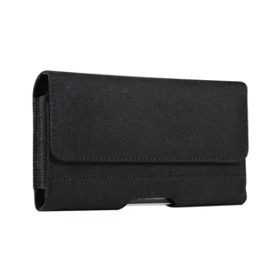 Black nylon phone holster detail view, durable belt clip pouch for smartphone daily carry.