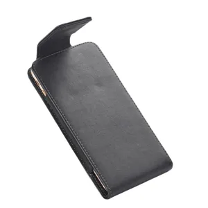 Vertical black leather phone holster with belt clip for men, ideal for daily waist carrying.