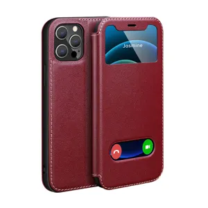 Wine red leather flip phone case with double view windows business style protective cover