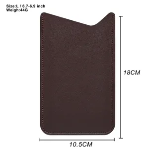 Detail view showing dimensions of the slim PU leather slip-in phone pouch in dark brown.
