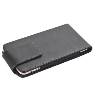 Black leather vertical phone holster with belt clip and magnetic closure for men daily use.