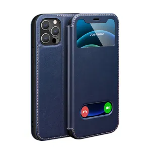 Blue leather flip phone case with dual window view for smartphone protection and elegant business style.