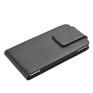 Detail shot of black leather vertical phone holster with belt clip and magnetic closure flap.