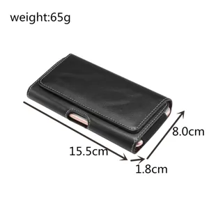 Funda de cinturón horizontal de cuero negro para hombre con especificaciones de tamaño.