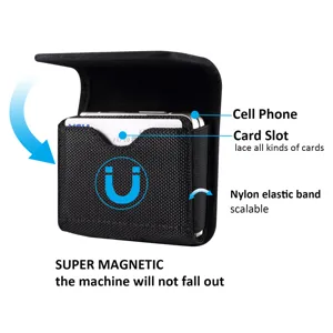 Universal foldable phone holster with card slot and strong magnetic closure black nylon.