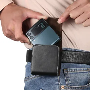 Universal leather waist holster pouch for foldable smartphones belt clip protective case black