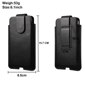 Detailansicht zeigt Abmessungen und Gürtelclip-Design des schwarzen Leder-Handyholsters.