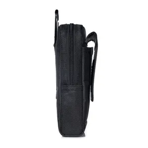 Durable oxford cloth phone waist holster side view with zipper, carabiner and belt loop.
