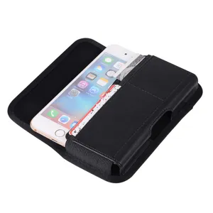 Black oxford nylon horizontal cell phone holster with belt clip and magnetic closure.
