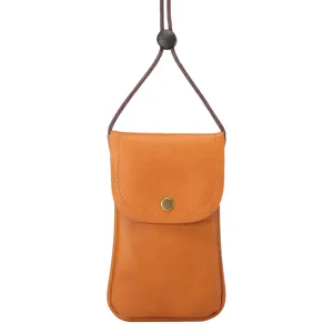 Brown leather texture vertical phone pouch detail view, adjustable lanyard and metal snap closure.