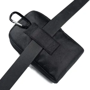 Universal tactical nylon phone waist pouch with belt loop and carabiner in black color.