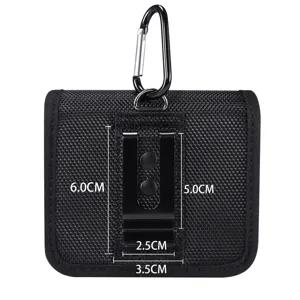Universal folding phone pouch with belt clip and carabiner, black nylon holster detail view.