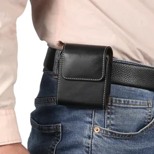 Black leather phone holster waist pouch belt case for foldable smartphones, durable design.