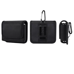 Universal black nylon folding phone holster pouch with belt clip and carabiner clip.