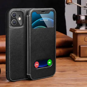 Black leather flip phone case with dual view windows and precise stitching for business style.