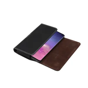 Classic horizontal phone holster for men, black leather waist pouch with brown interior lining.