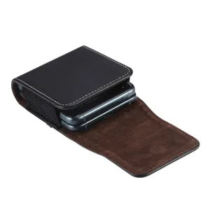Close-up of black leather foldable phone holster with soft brown suede interior lining.