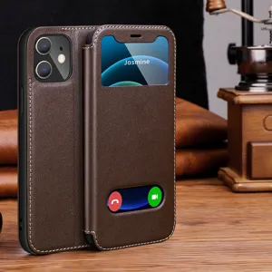 Premium leather flip phone case with view window business style protective cover for iPhone
