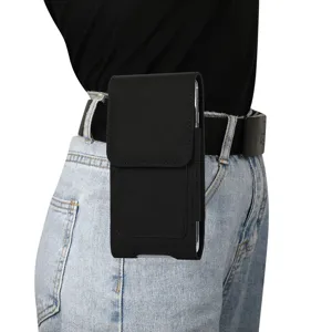 Schwarze Nylon Gürteltasche für Herren, vertikale Handy-Hüfttasche aus robustem Oxford-Gewebe.