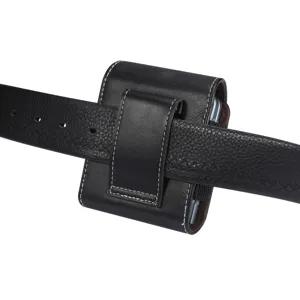 Black leather phone holster for foldable smartphones, belt loop pouch case for daily use.