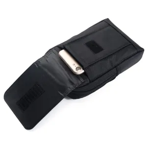 Close-up detail of the durable black oxford cloth universal phone waist bag holster.