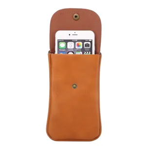 Brown vertical leather phone pouch with magnetic snap closure for 5.5 inch smartphones.