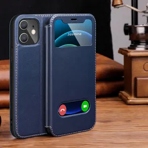 Blue leather flip phone case detail, dual view windows and fine stitching for business style.
